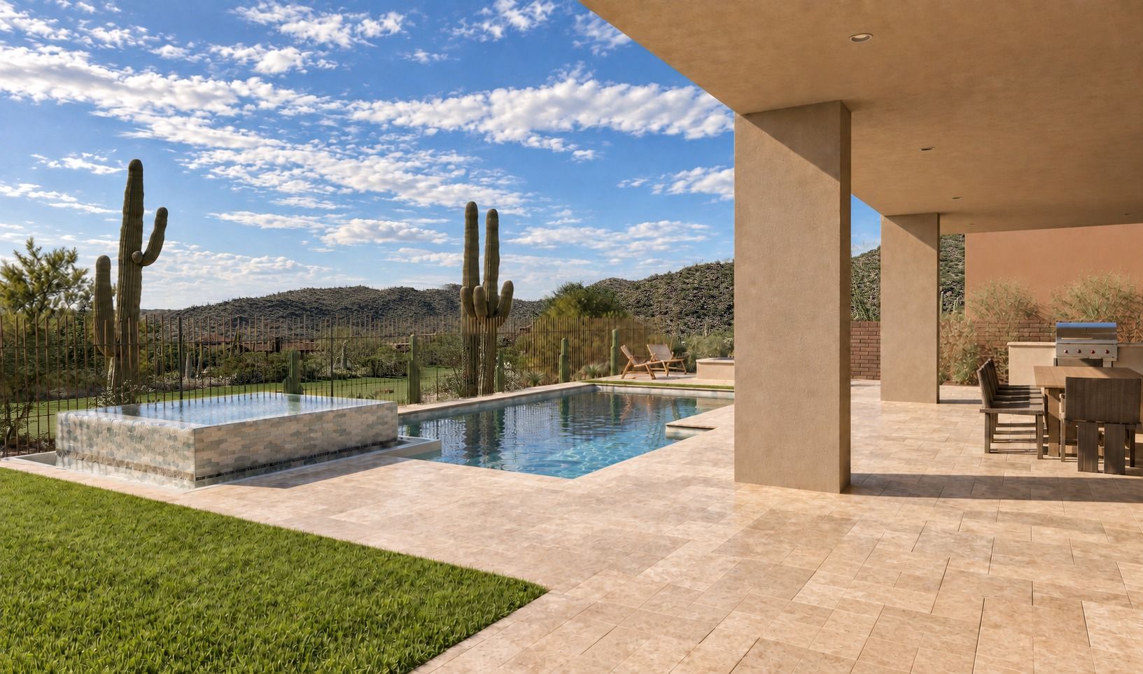 Rendering of Lot 115's pool and raised spa beside a covered dining terrace, overlooking the golf course and saguaro-covered hills